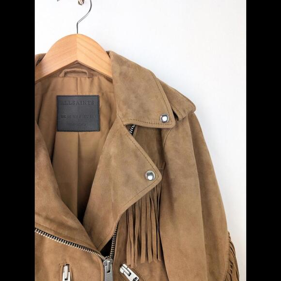 [SOLD] ALLSAINTS Womens Sz US 6 BALFERN Fringe Tassel Suede Leather Jacket Brown - Picture 2 of 10